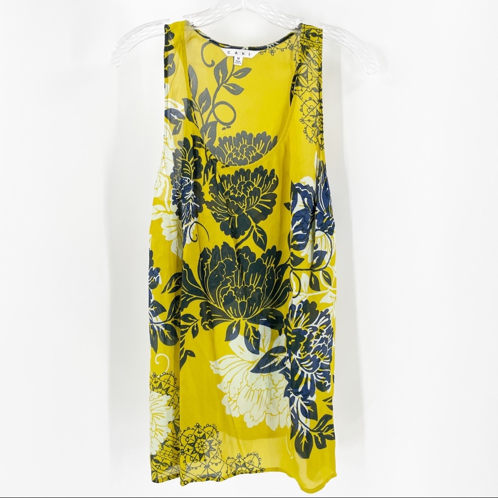 CAbi Yellow Floral Tank Top with Navy and White Print